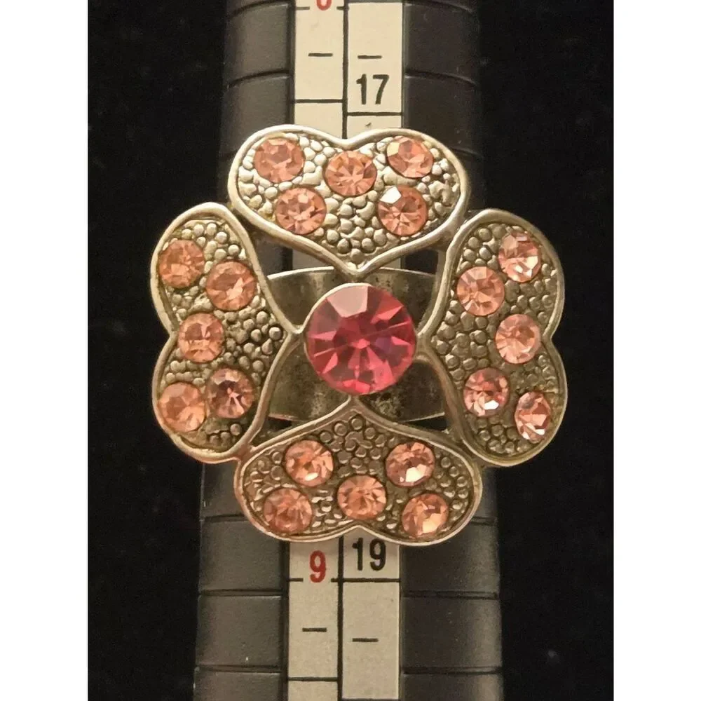 Women's Vintage Pink Rhinestone Heart Flower Silver Tone Adjustable Ring